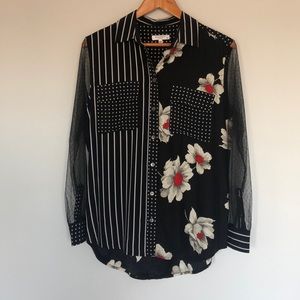 Black and floral 100% silk blouse